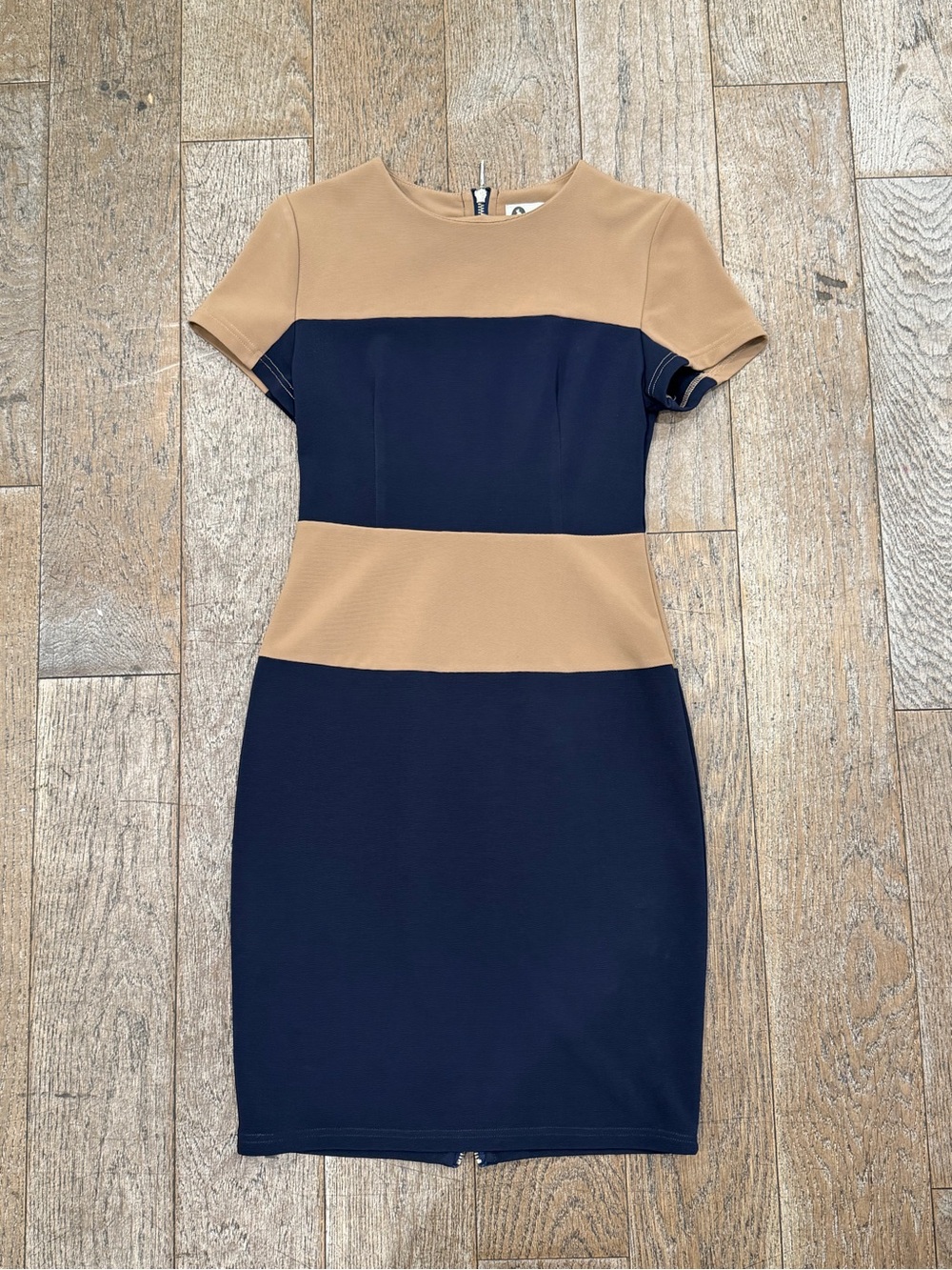Lanvin Vintage Bodycon Minimalist Retro colorblock sheath dress navy camel Sz S